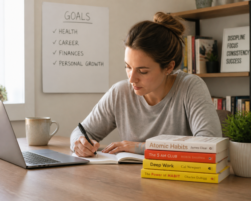 Woman studying at desk with books, laptop, and goals list on wall.