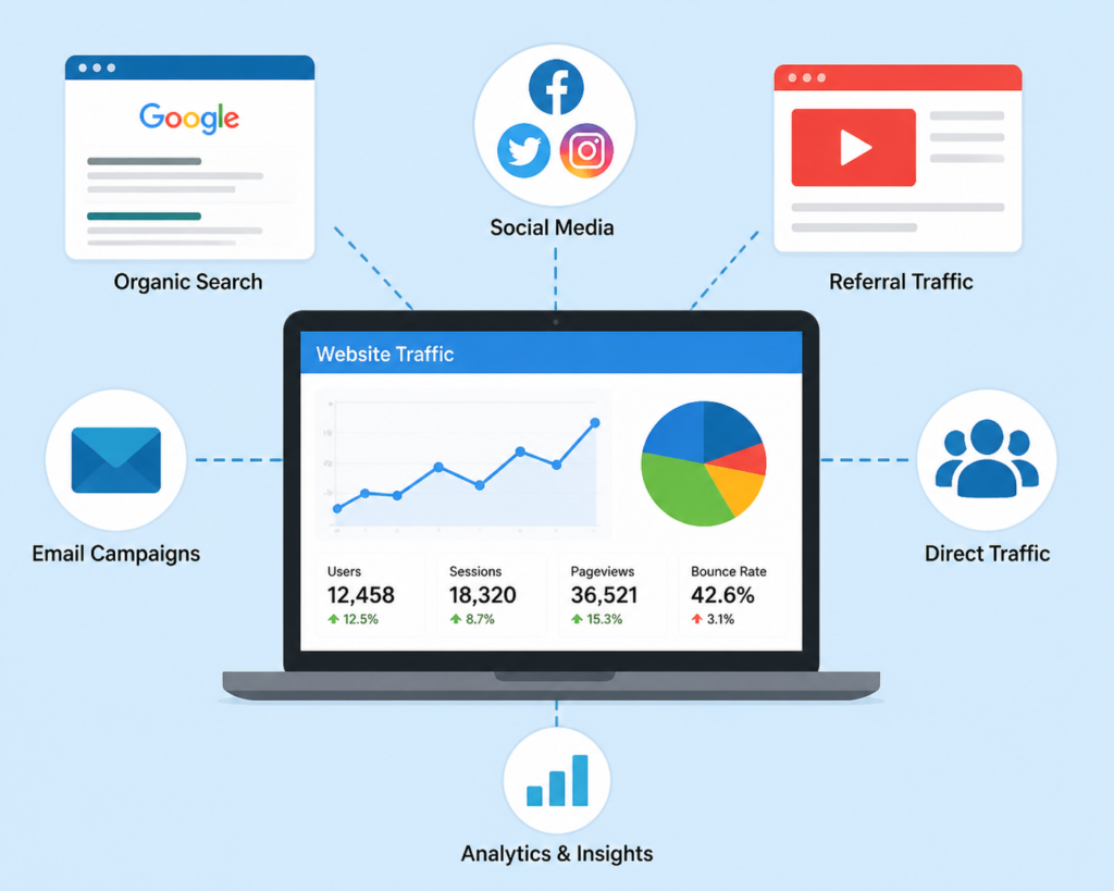 Website traffic analysis with social media, email, and analytics icons.