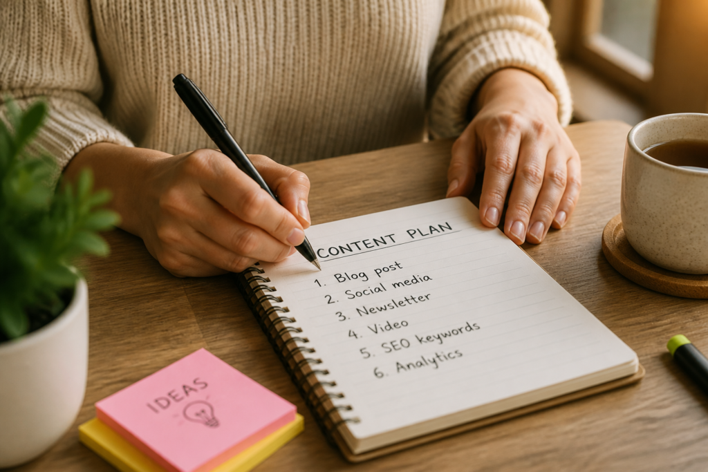 Person writing content plan on a notepad with ideas sticky note nearby.