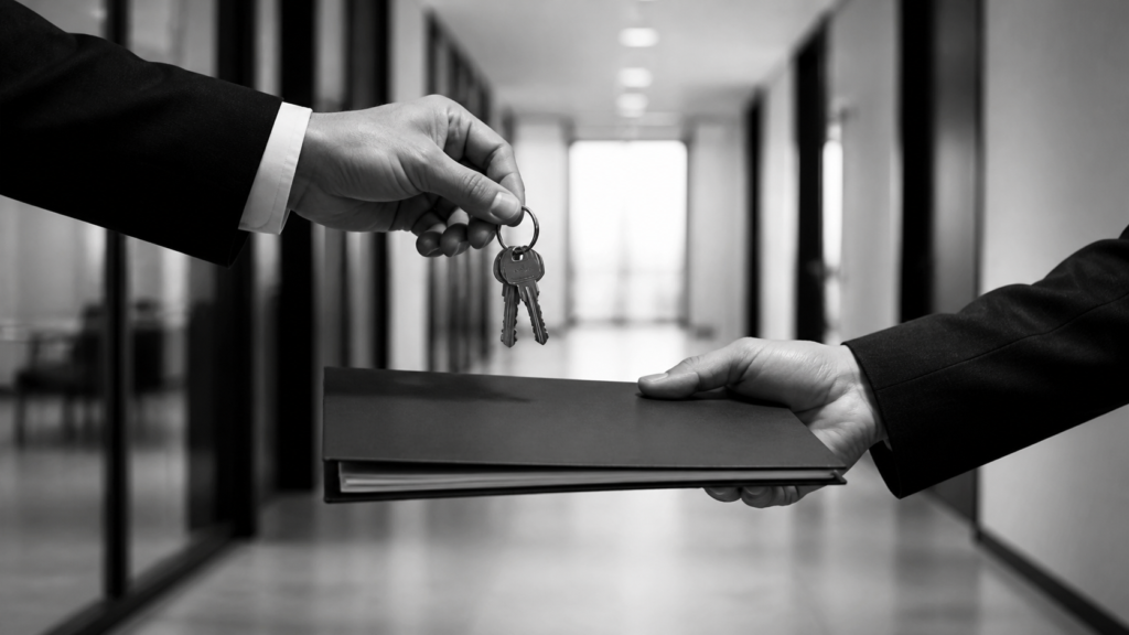 Business handover with keys and document in office corridor.